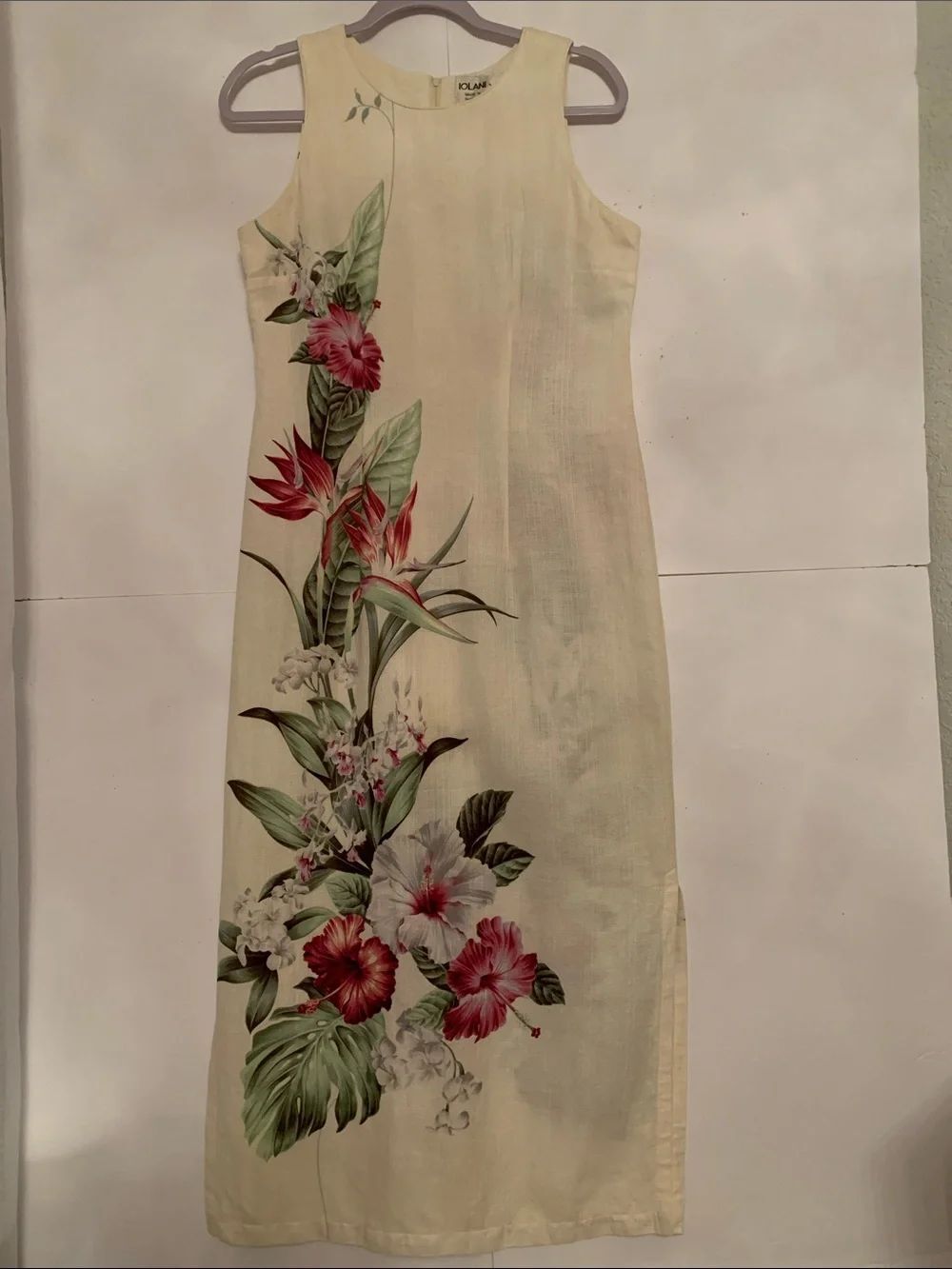 Iolani Cream Floral Sleeveless Fitted Sheath Havaniian Maxi Dress Size M
